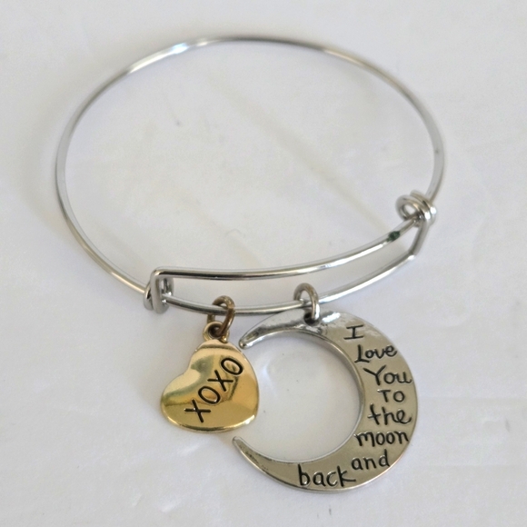 "I Love You to the Moon & Back" "XOXO" Silver & Gold Charm Bangle Bracelet NWOT - Picture 3 of 7